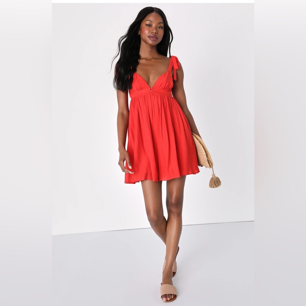 Delightfully Dainty Red Linen Tie-Strap Babydoll Mini Dress